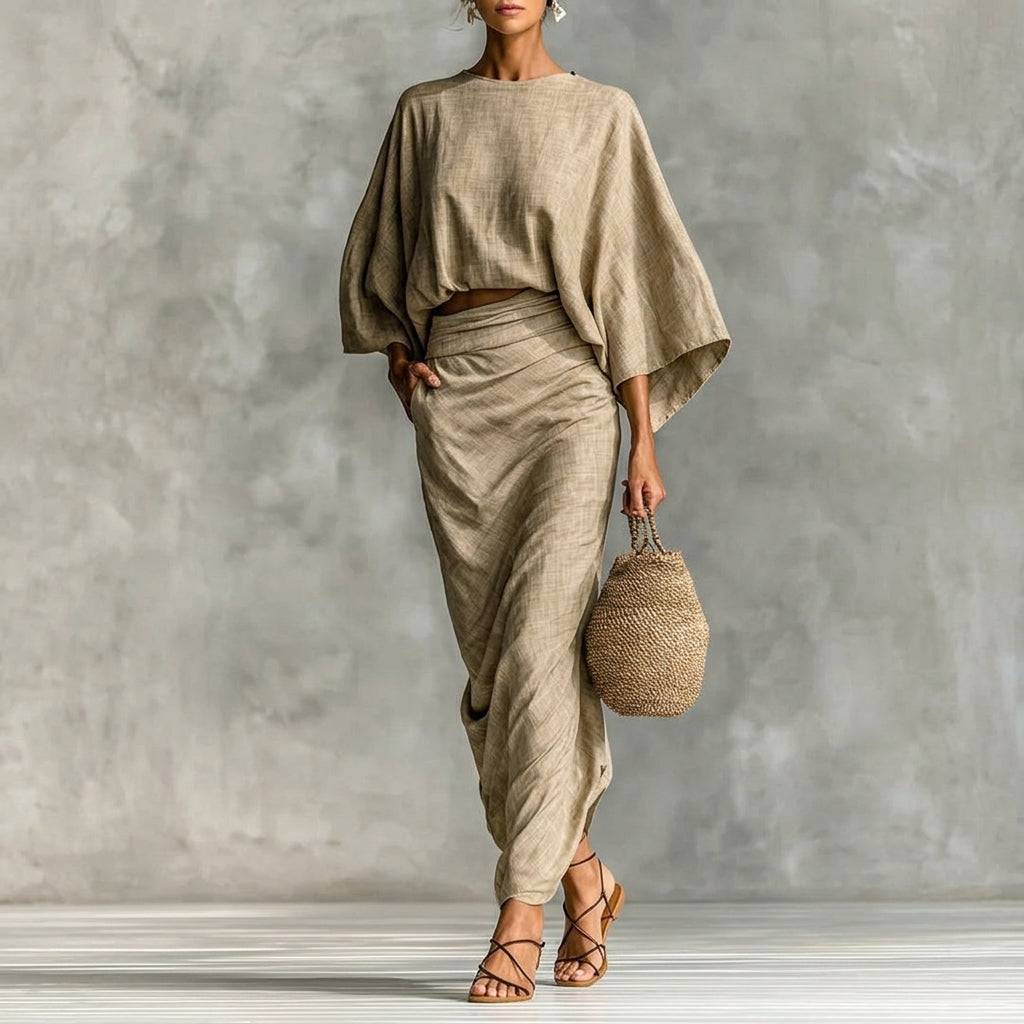 Elegant women's beige two-piece skirt set. Chic & comfortable, perfect for a versatile summer fashion or casual outfit.