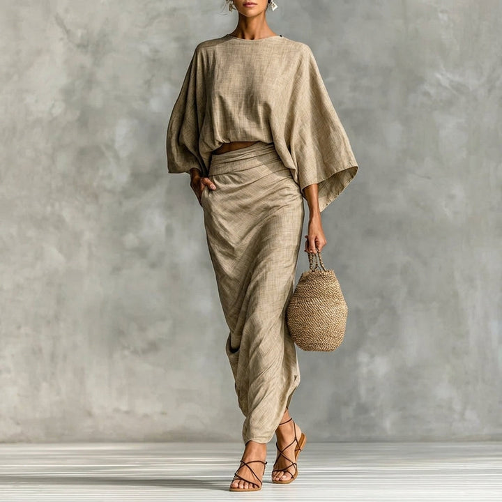 Elegant women's beige two-piece skirt set. Chic & comfortable, perfect for a versatile summer fashion or casual outfit.