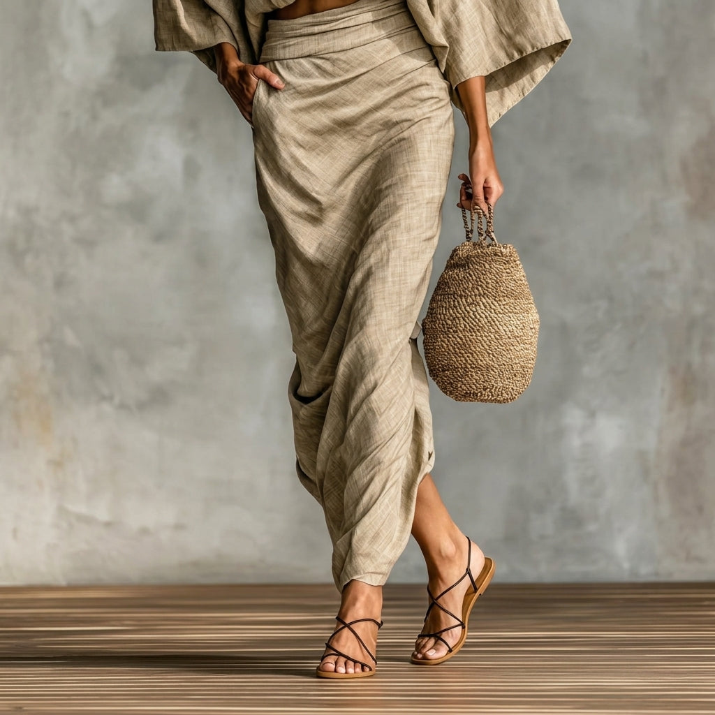 Comfortable women's beige two-piece skirt set. Fashionable & elegant, a perfect matching set for summer activities.