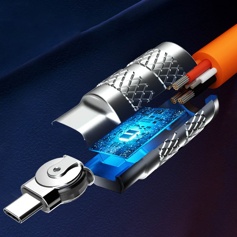 Durable anti-break fast charging cable with 180-degree rotation for iPhone & Android phones.