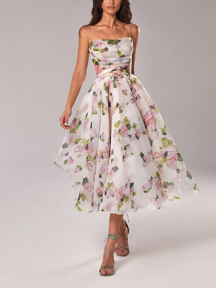 Elegant Women's Boho Midi Dress, flowy A-line summer style with delicate spaghetti straps.