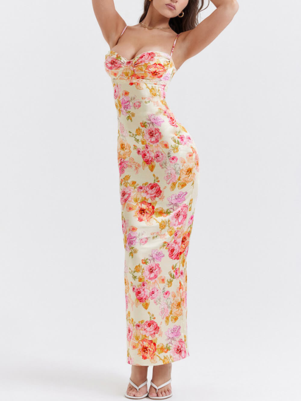 Spaghetti strap floral maxi sundress for women. Comfortable & elegant resort wear, perfect long dress for casual summer days.