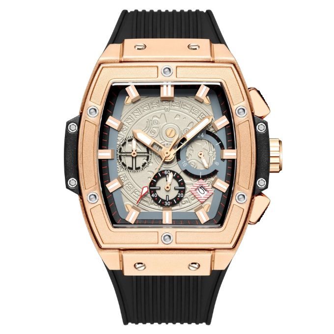 Sophisticated men's gold timepiece with a robust build and versatile multifunction capabilities.