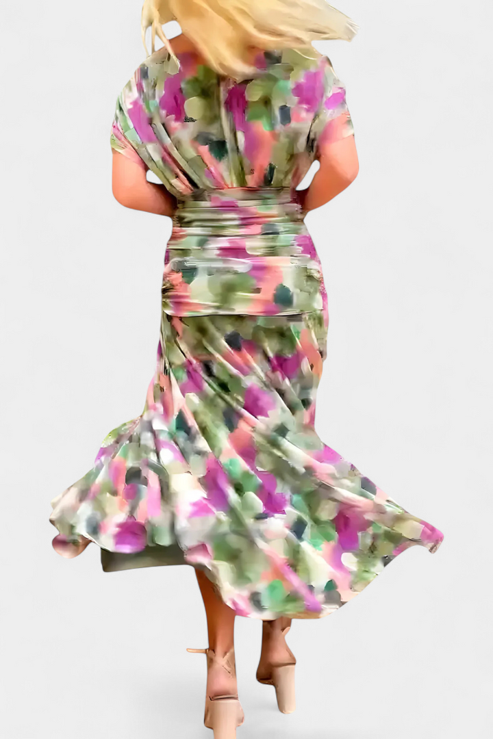 Women's off-shoulder floral maxi dress, ruched sweetheart. A gorgeous and elegant choice for any special occasion.