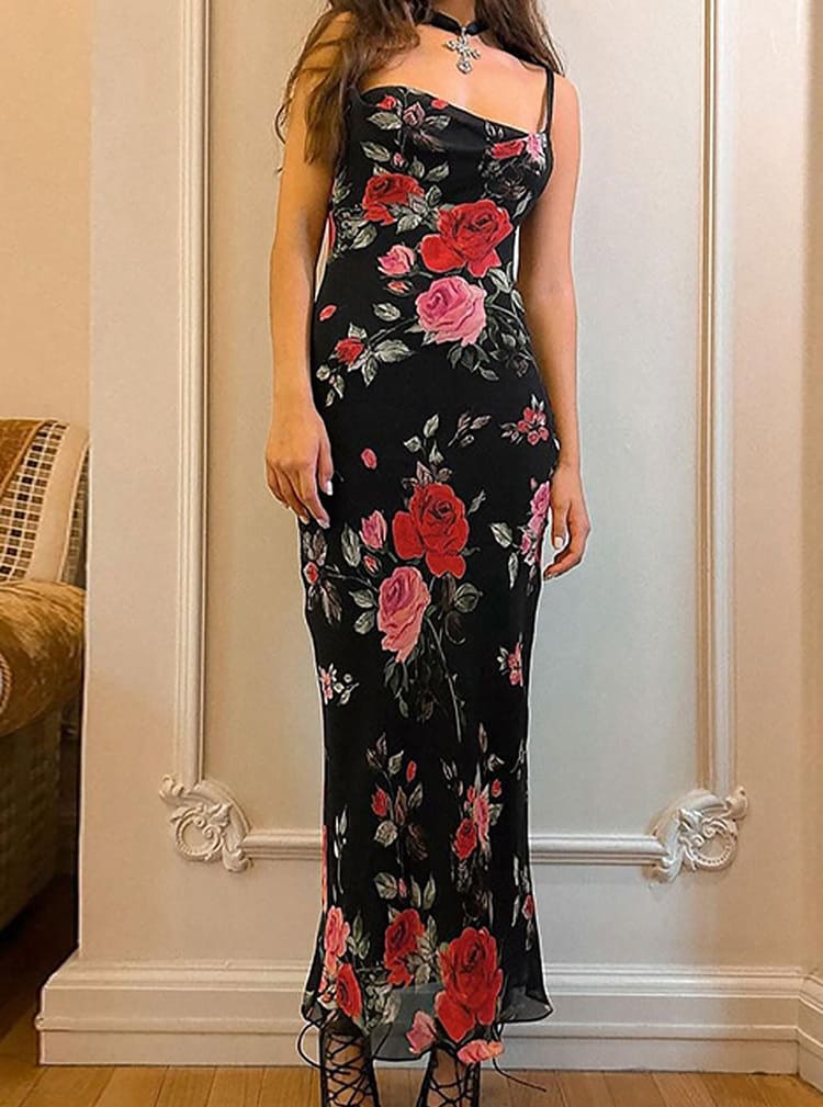 Women's elegant floral print maxi dress with spaghetti straps, perfect for casual summer style.