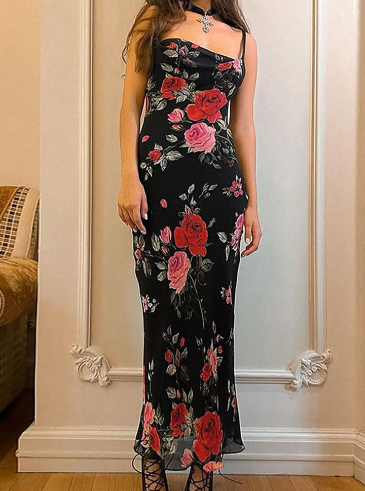 Women's elegant floral print maxi dress with spaghetti straps, perfect for casual summer style.