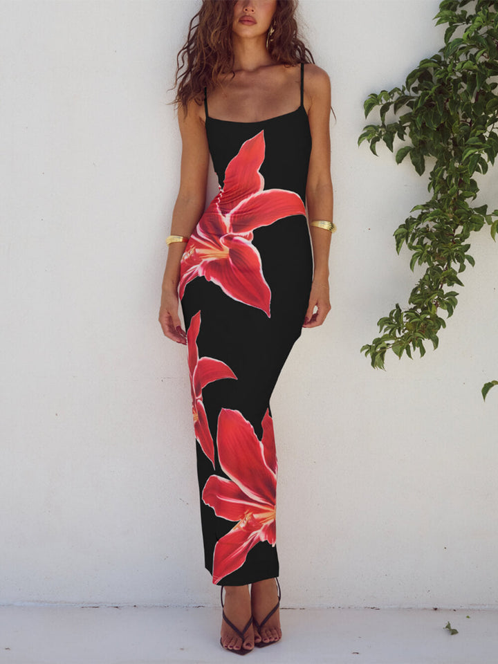 Stylish women's floral maxi beach dress, a long and flowy summer outfit with an elegant abstract design.
