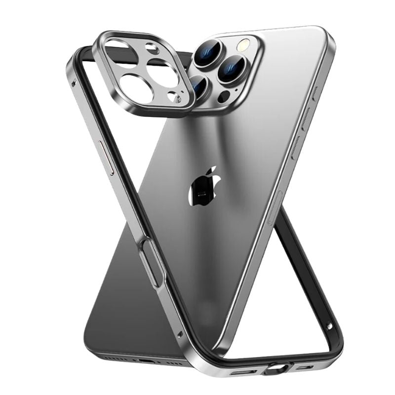 Slim-fit aluminum iPhone case with camera protector, durable & shockproof for iPhone 13, 14, 15, 16.