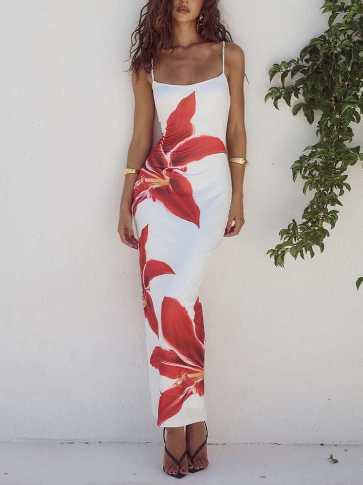 Vacation-ready women's floral maxi dress with an abstract print, offering a chic and flowy summer look.