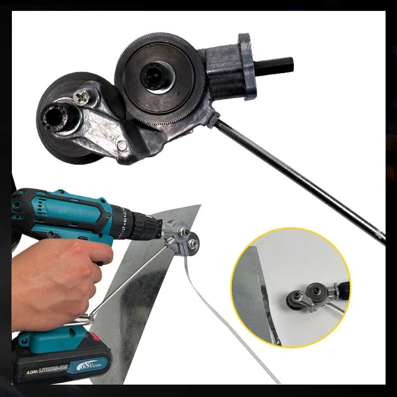 Electric drill attachment for sheet metal cutting. Transforms standard drills into a powerful metal nibbler.
