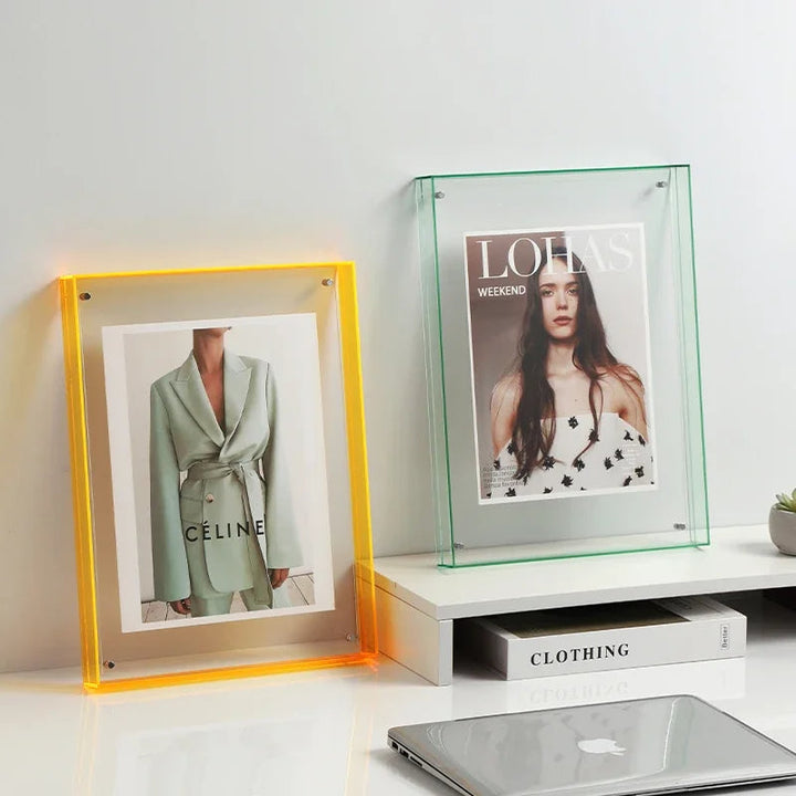 Versatile transparent acrylic frame, perfect for wall mounting or elegant table display.