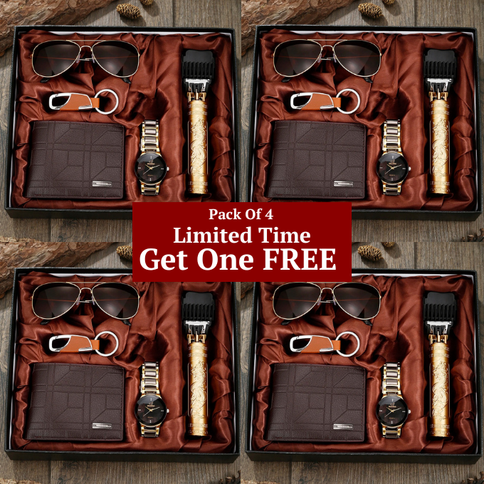 Elevate his look with this men's 5-piece ultimate style gift set including watch, wallet, sunglasses.