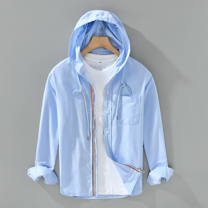 Long sleeve men's casual hoodie shirt with a stylish striped pattern and full zip.