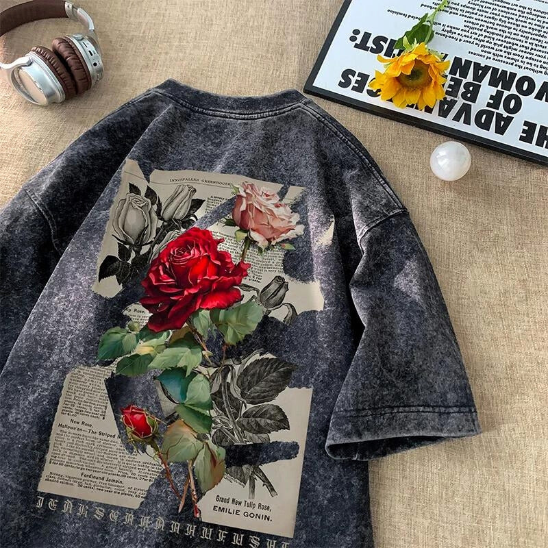 Unisex oversized washed tee with rose graphic, perfect for vintage streetwear style.