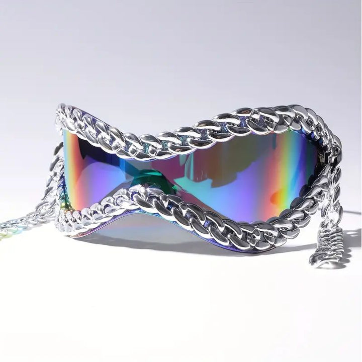 Unisex mirrored sunglasses with stylish chain accent. Fashion eyewear accessory.