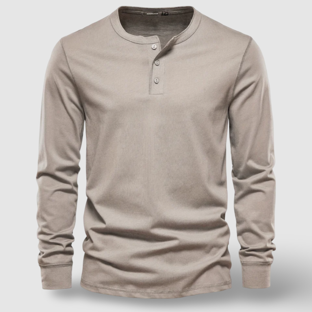 Versatile men's solid long sleeve henley shirt with button collar, perfect for casual wear.