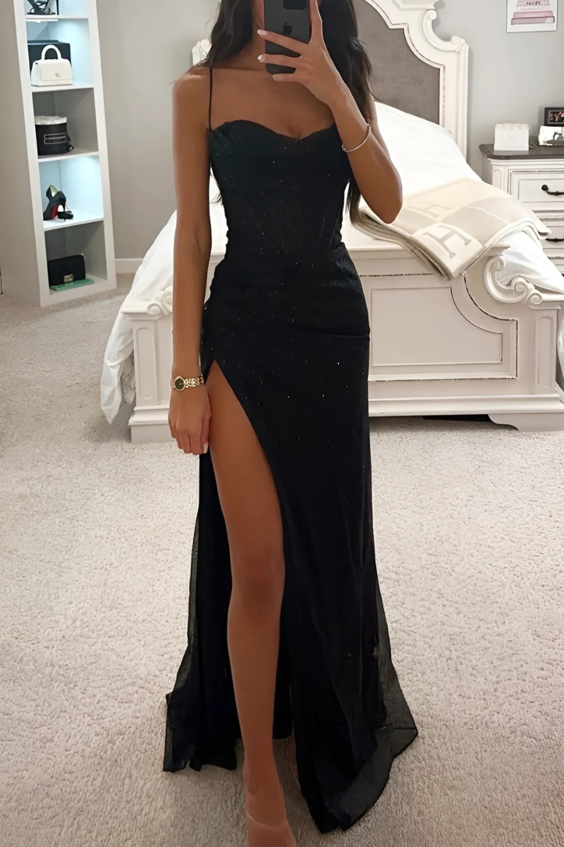 Dazzling women's sequin evening dress with high split and spaghetti straps, perfect for formal parties.