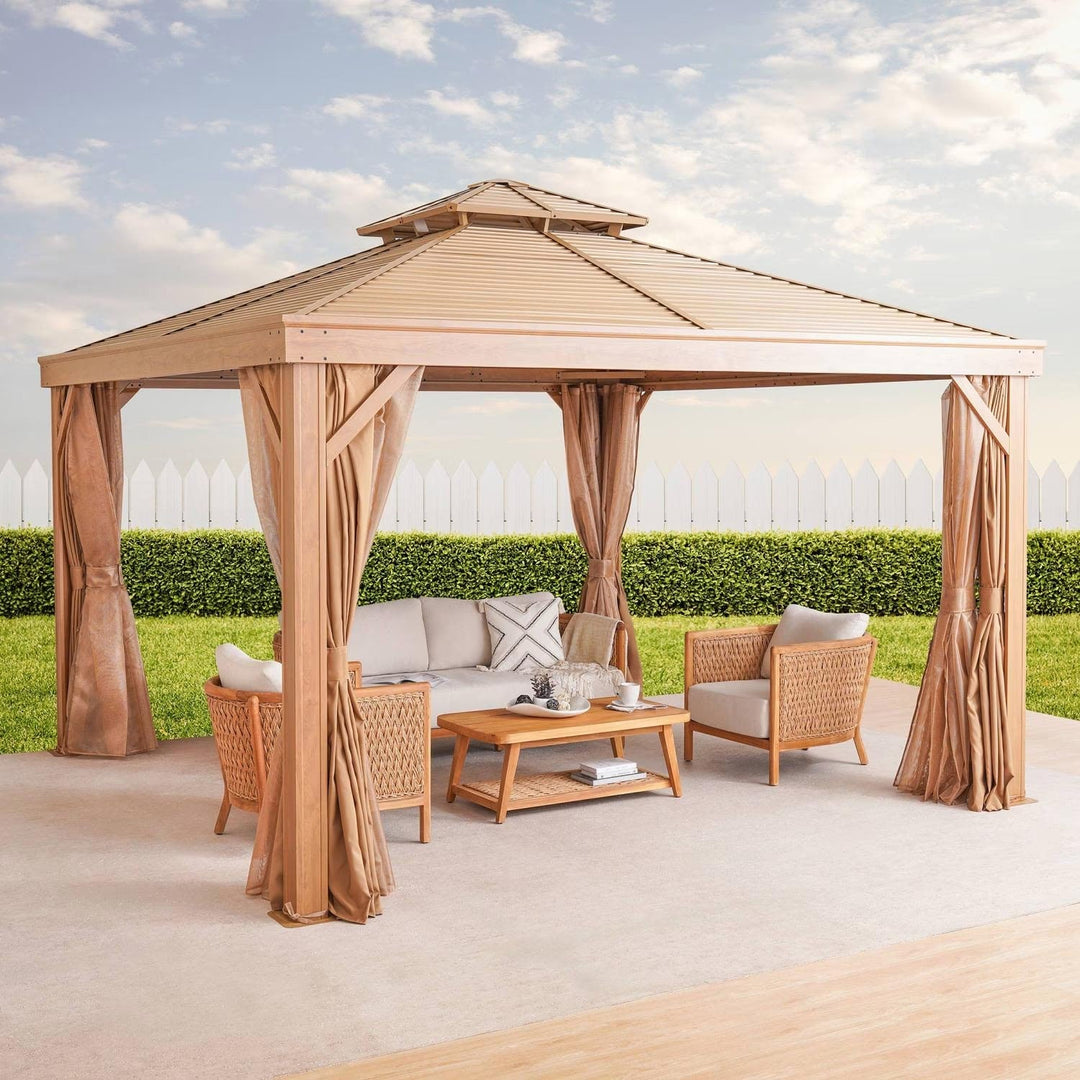 Brown outdoor garden gazebo with mosquito net and privacy curtains. Perfect weather-resistant patio canopy for backyard living.
