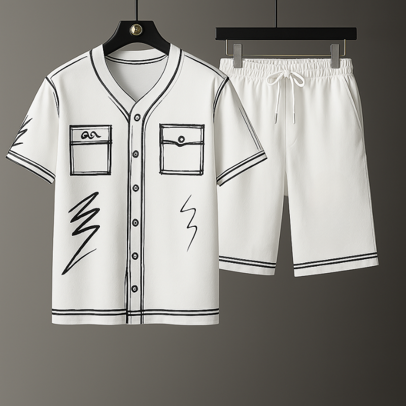 Unisex abstract graphic streetwear matching set. Comfortable, lightweight casual outfit with artistic print & drawcord details.