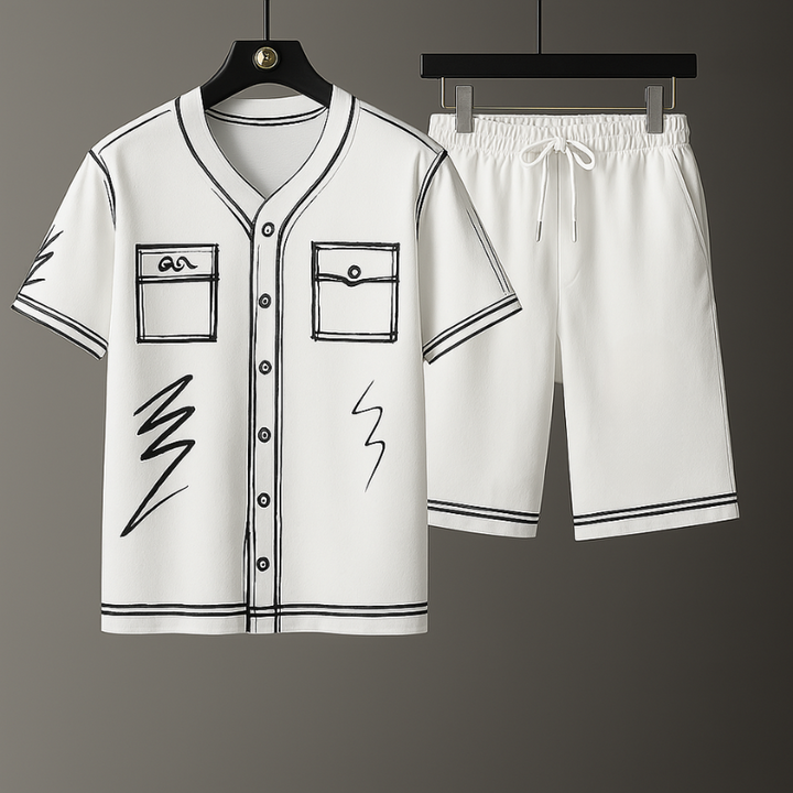 Unisex abstract graphic streetwear matching set. Comfortable, lightweight casual outfit with artistic print & drawcord details.