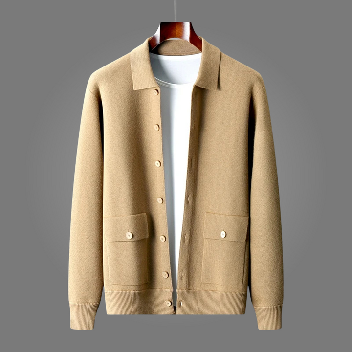 Men's cozy knit cardigan sweater in a neutral color, perfect for effortless fall fashion and casual wear.
