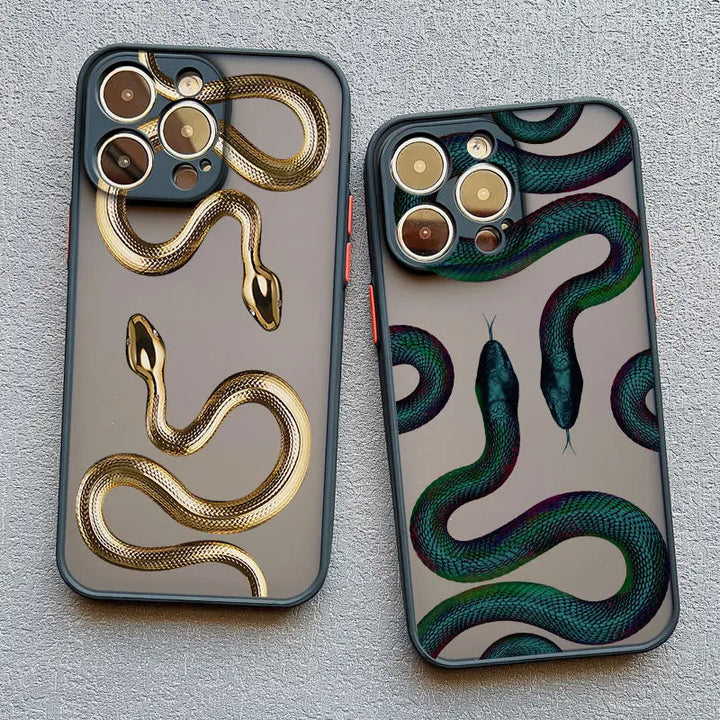 Women's sleek serpent motif iPhone case, a protective luxury accessory for smartphones.