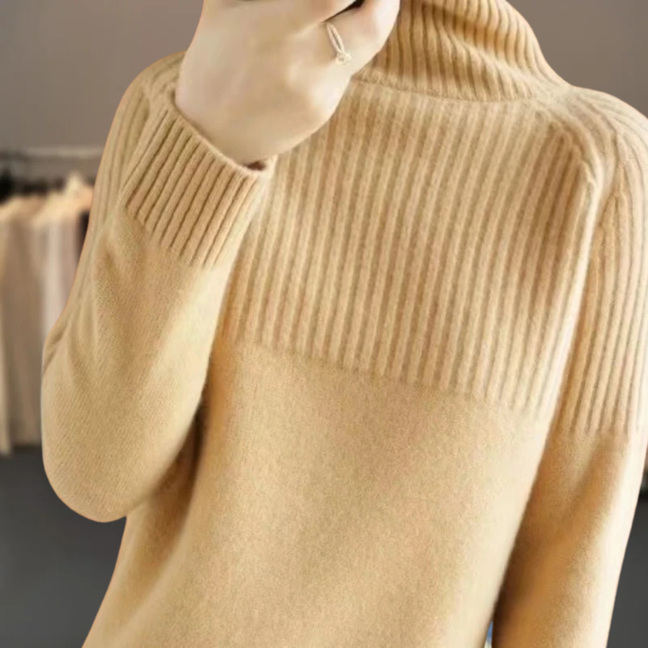 Chic women's long-sleeve ribbed turtleneck sweater, a warm and stylish piece for autumn and winter outfits.
