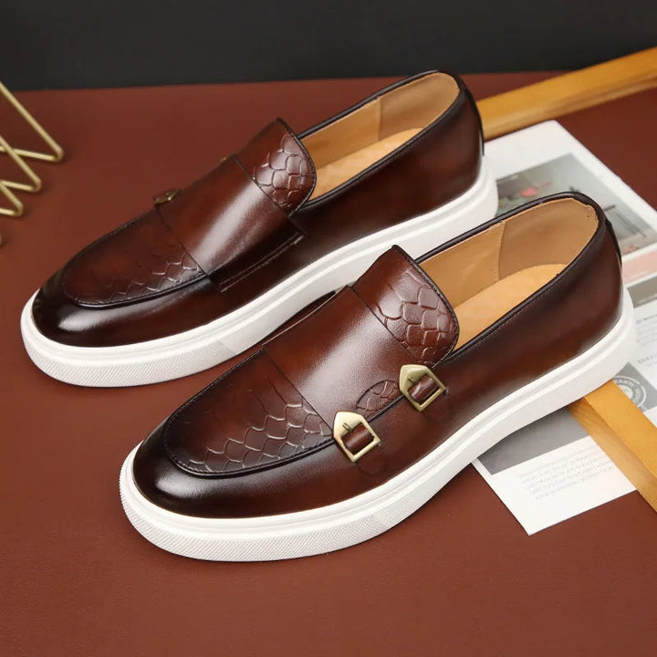 Men's croc-embossed loafers with elegant double buckle closure. Stylish slip-on dress shoes.