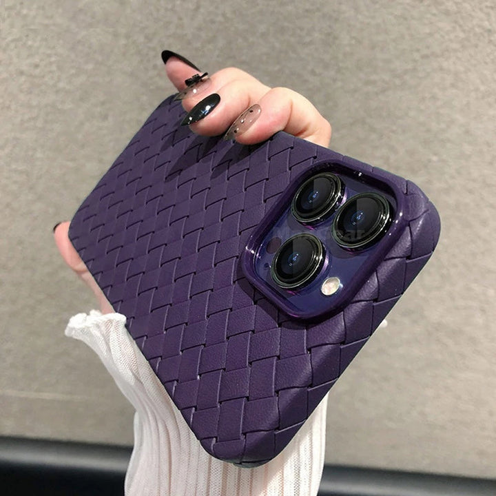 Stylish woven texture phone case for women, slim fit & protective.