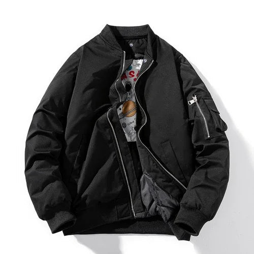 Men's bomber jacket with ribbed cuffs, round collar, and practical multi-pockets. Versatile outerwear.