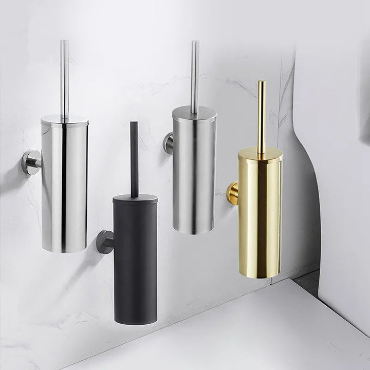 Chic stainless steel wall-mounted toilet brush for contemporary bathroom decor. Rust-resistant, hygienic.