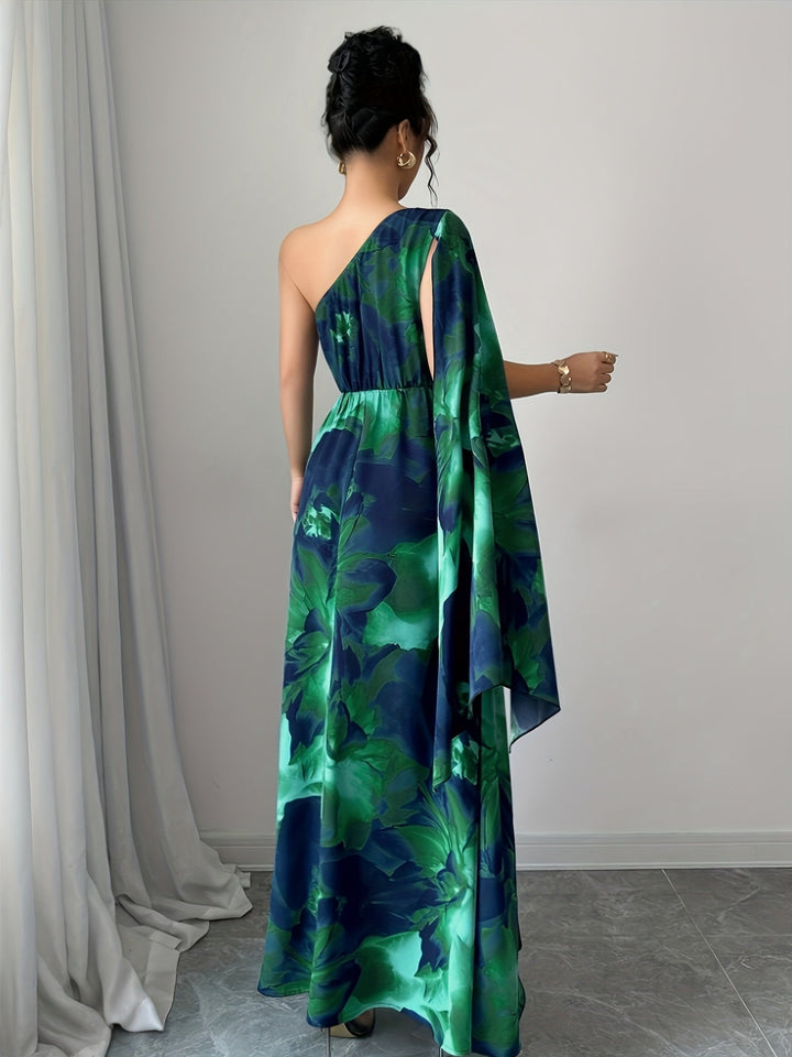 Sophisticated women's one-shoulder floral maxi dress. Perfect for wedding guests and special occasion events.