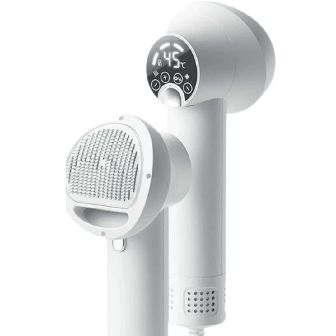 Portable pet dryer with integrated comb for easy grooming of dog and cat fur