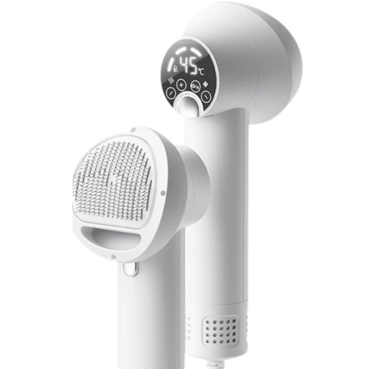 Portable pet dryer with integrated comb for easy grooming of dog and cat fur