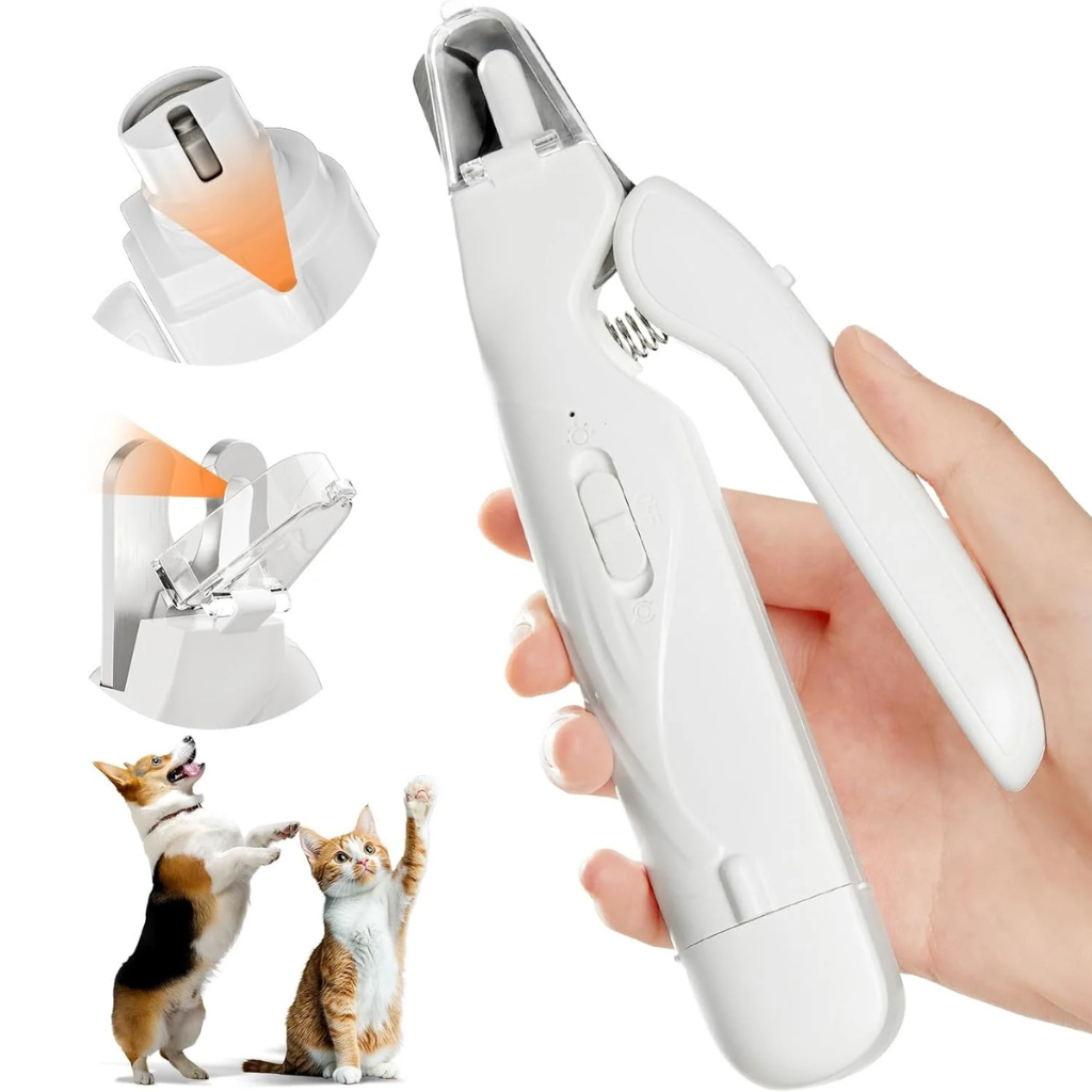 Ergonomic pet grooming nail clippers with LED light and integrated file for cats and dogs