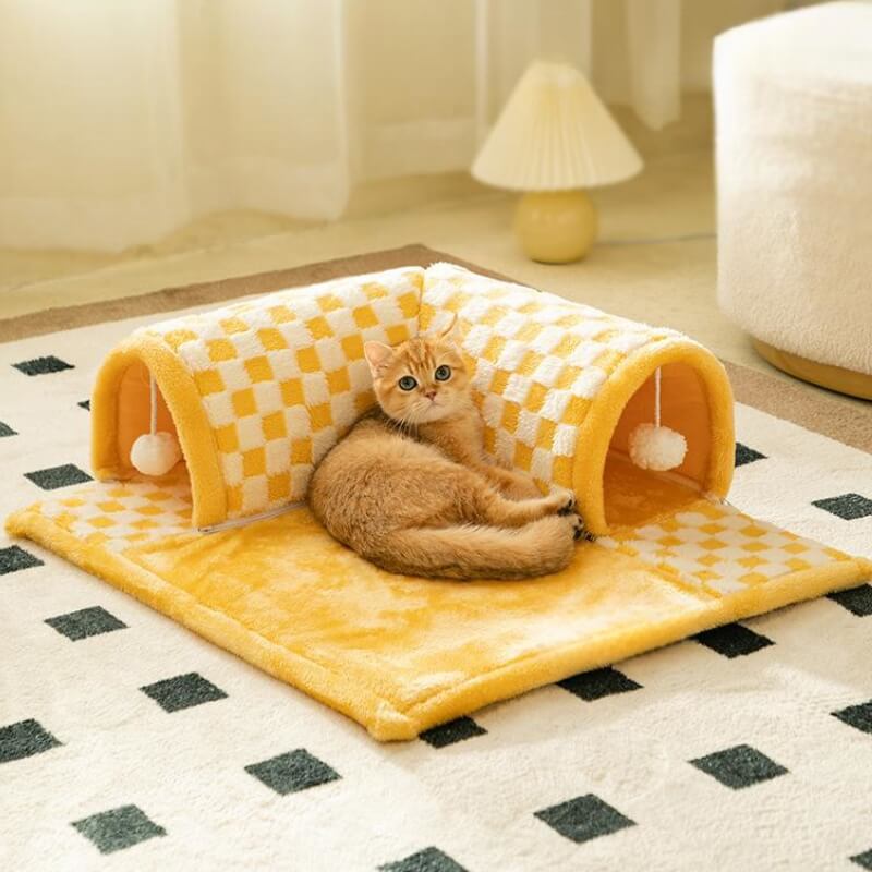 2-in-1 plaid cat tunnel bed, cozy pet bed with play tunnel, washable cheetah print interior