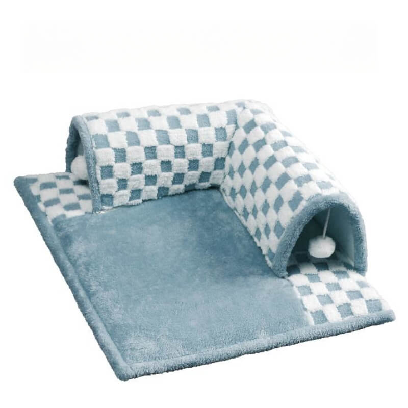 Washable cat tunnel bed with unique plaid and cheetah design, comfortable for play and sleep
