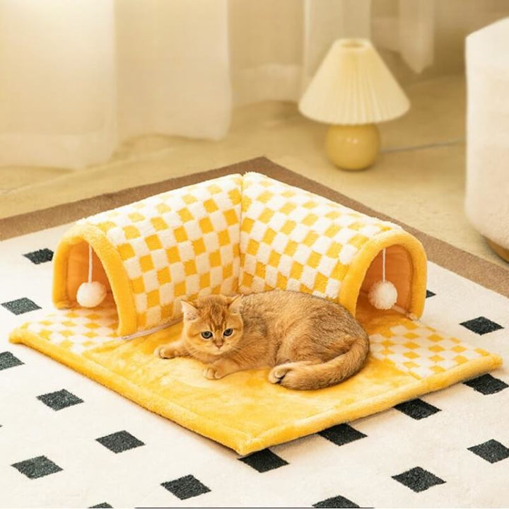 Cheetah print interior of a 2-in-1 cat tunnel bed, comfortable and washable pet bed