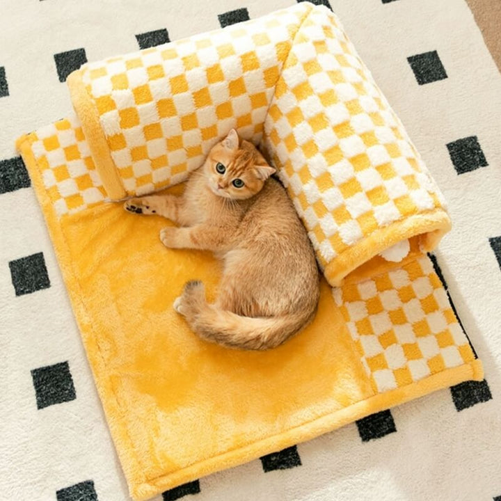 Overview of the plaid cat tunnel bed, showing both play tunnel and comfy resting area