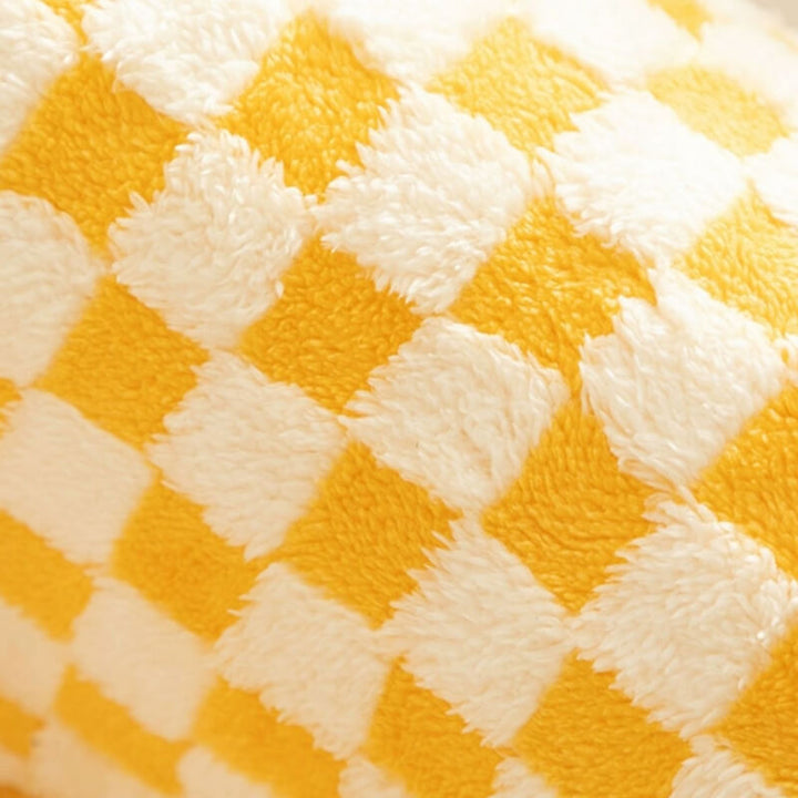 Close-up of the soft, washable fabric of the 2-in-1 plaid cat tunnel pet bed