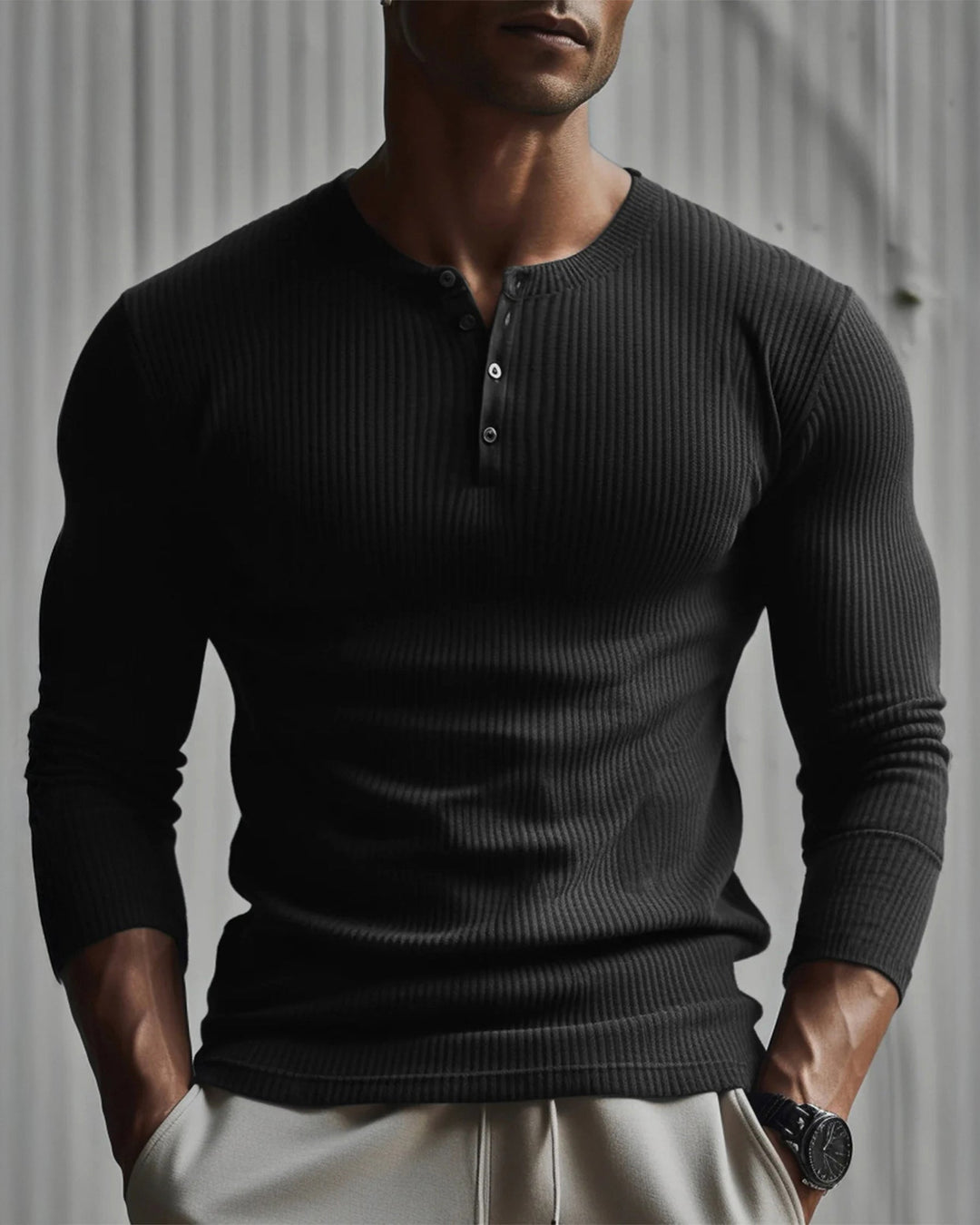 Stylish men's henley top with ribbed texture, perfect for fall fashion & comfort.