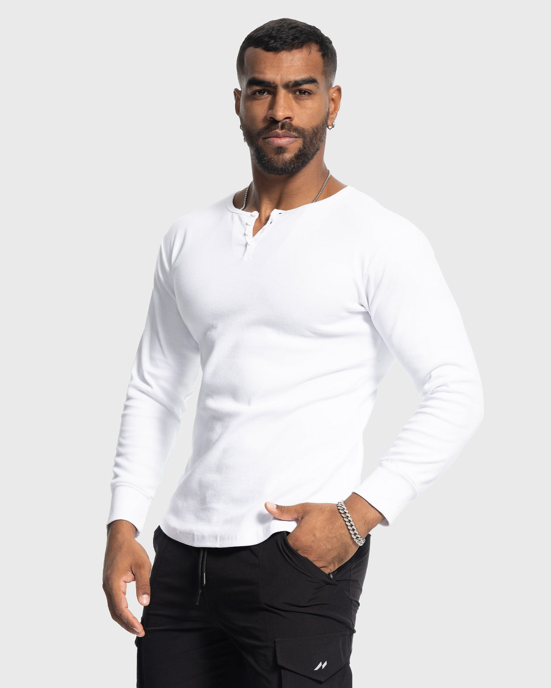 Men's versatile ribbed henley shirt, long sleeve top for casual or athletic looks.