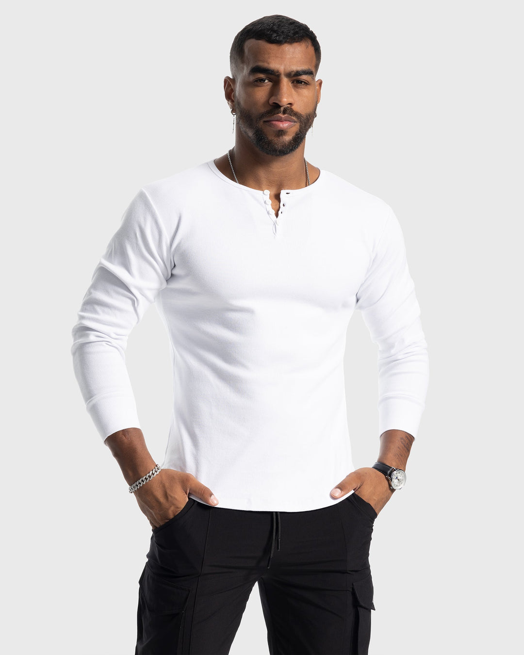 Winter wear men's ribbed henley, a warm and stylish long sleeve layering piece.