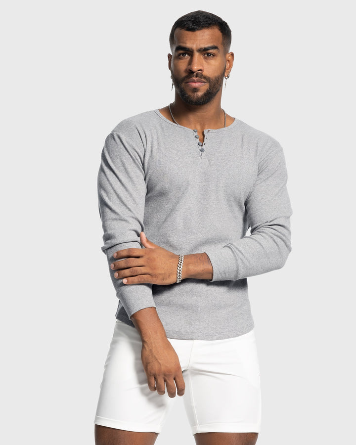 Men's long sleeve ribbed henley, perfect for layering or as a stand-alone top.