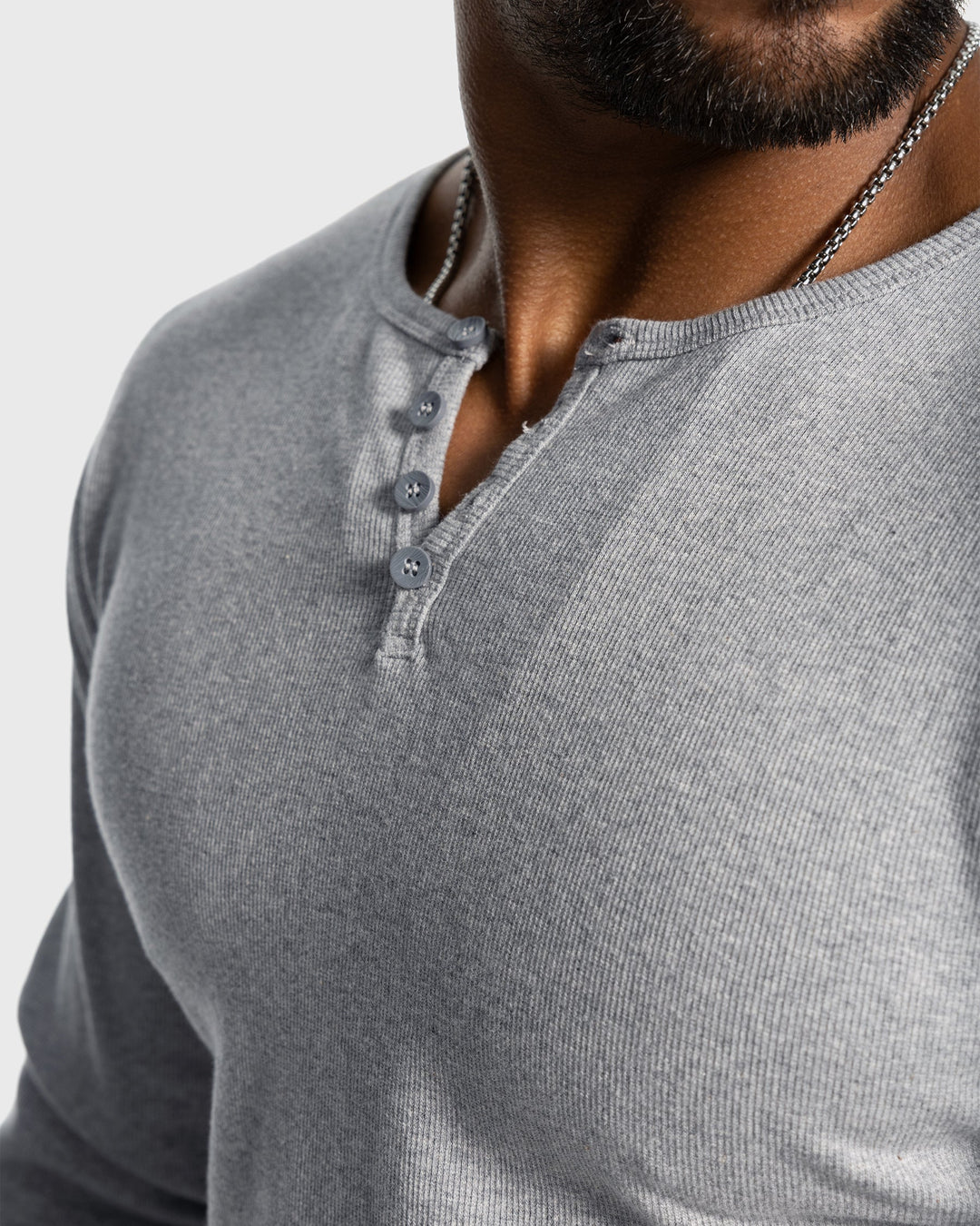 Athletic style men's ribbed henley shirt, long sleeve for cool weather fashion.