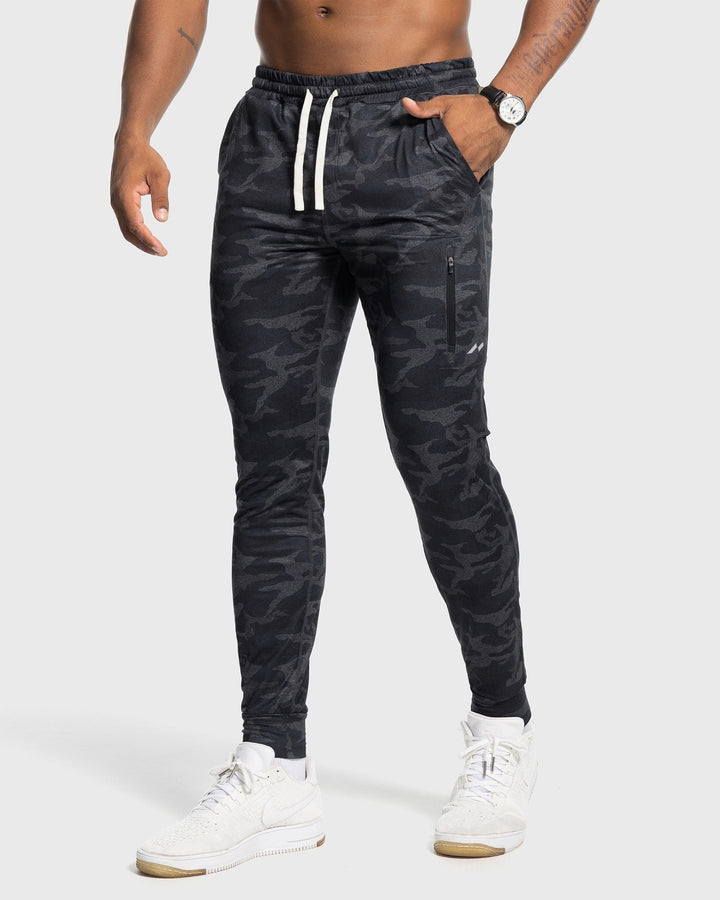 Active men's tapered fit joggers; flexible stretch pants for ultimate comfort.