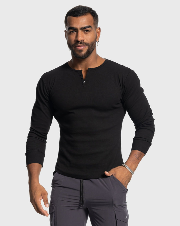 Soft ribbed henley shirt for men, a comfortable long sleeve top for any occasion.
