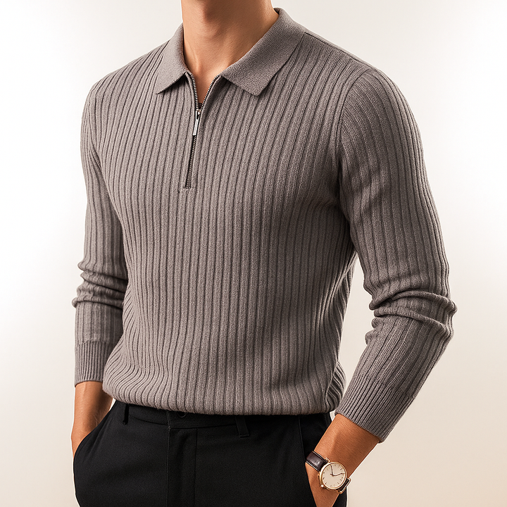Long sleeve men's ribbed knit polo shirt. Comfortable cotton blend casual top, ideal for everyday style.