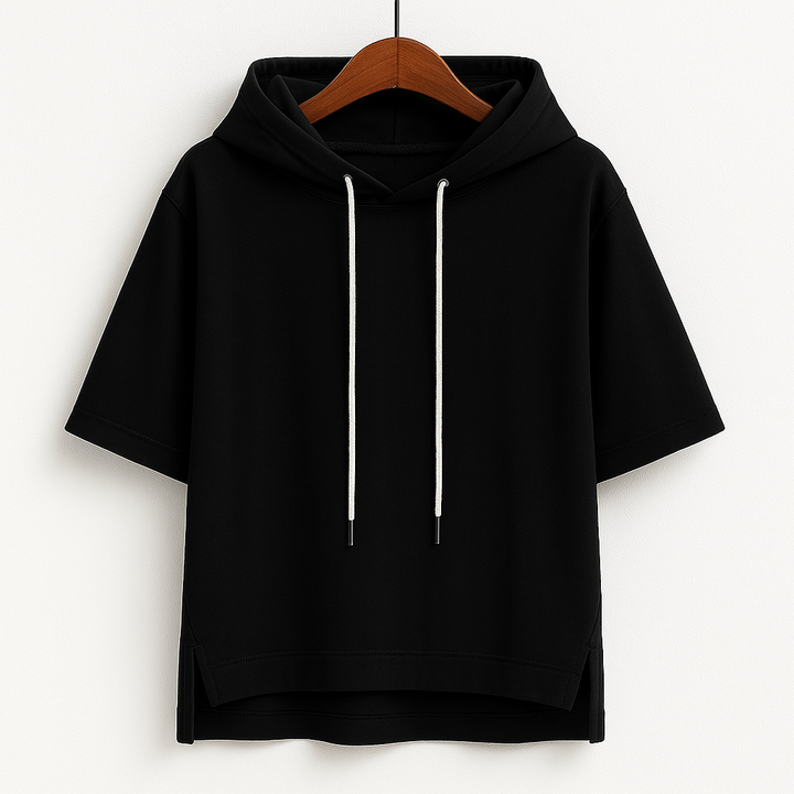 Soft women's short sleeve hoodie, providing casual comfort & relaxed fit. Stylish top for everyday spring wear.