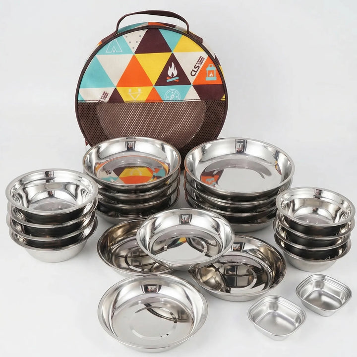 Portable 22-piece outdoor family camping dinnerware set, including metal plates & bowls for travel & BBQ.